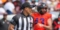 DAYTONA BEACH, FLORIDA - JUNE 7: Down Judge Chad Green #54 wears a camera on his hat during the UFL playoffs at Daytona Stadium on June 7, 2026 in Daytona Beach, Florida. (Photo by Alex Menendez/UFL/Getty Images)