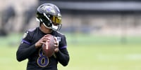 OWINGS MILLS, MARYLAND - JUNE 09: Lamar Jackson #8 of the Baltimore Ravens throws a pass during Baltimore Ravens Mandatory Minicamp at Under Armour Performance Center on June 09, 2026 in Owings Mills, Maryland. (Photo by G Fiume/Getty Images)