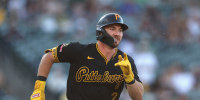 SACRAMENTO, CALIFORNIA - JUNE 17: Spencer Horwitz #2 of the Pittsburgh Pirates hits a double in the top of the first inning against the Athletics at Sutter Health Park on June 17, 2026 in Sacramento, California. (Photo by Lachlan Cunningham/Getty Images)