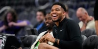 Apr 10, 2026; Milwaukee, Wisconsin, USA; Milwaukee Bucks forward Giannis Antetokounmpo enjoys a moment during warmups prior to the game against the Brooklyn Nets at Fiserv Forum. Mandatory Credit: Jeff Hanisch-Imagn Images