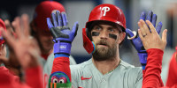 May 4, 2026; Miami, Florida, USA; Philadelphia Phillies first baseman Bryce Harper (3) celebrates after hitting a home run against the Miami Marlins during the third inning at loanDepot Park. Mandatory Credit: Sam Navarro-Imagn Images