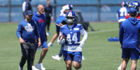 Jun 9, 2026; East Rutherford, NJ, USA; New York Giants running back Cam Skattebo (44) participates in drills during the minicamp activities at Quest Diagnostics Center. Mandatory Credit: Thomas Salus-Imagn Images