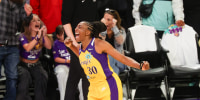 Jun 21, 2026; Los Angeles, California, USA; Los Angeles Sparks forward Nneka Ogwumike (30) celebrates game winning buzzer beating three point shot against the New York Liberty at Crypto.com Arena. Mandatory Credit: William Navarro-Imagn Images