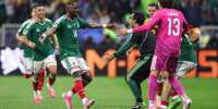 Julian Quiñones #16 of Mexico celebrates scoring his team's first goal.