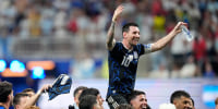 Argentina's Lionel Messi celebrates with his teammates at the end of the World Cup semifinal soccer match between England and Argentina in Atlanta, Wednesday, July 15, 2026. 
