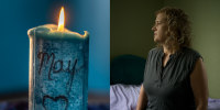 A memorial candle engraved with May's name and a heart; Elyse Thorpe sits on May's bed.