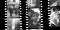 A contact sheet of film strips showing black and white images taken in Iran during the Ayatollah's funeral.