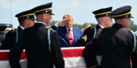 President Donald Trump salutes as a U.S. Army carry team carries the flag-draped transfer case containing the remains of 1st Lt. Tyler James Feehan, 25, of Ewa Beach, Hawaii, at Dover Air Force Base in Dover, Del., on July 22, 2026.