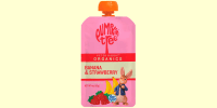 A Pumpkin Tree Peter Rabbit Organics Banana & Strawberry 4 oz. pouch on a light yellow background