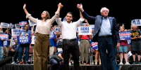 From left, Alexandria Ocasio-Cortez, Abdul El-Sayed, and Bernie Sanders