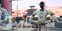 A humanoid robot serve a dish at the AI restaurant of the Global Pioneer AI Hub on Thursday, July 23, 2026 in Shenzhen, China.