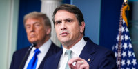 Deputy Attorney General Todd Blanche with President Donald Trump in the briefing room of the White House on June 27, 2025.