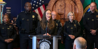 Seattle Mayor Katie Wilson at a press conference in Seattle.