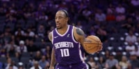 SACRAMENTO, CALIFORNIA - MARCH 22: DeMar DeRozan #10 of the Sacramento Kings dribbles the ball up court in the second quarter against the Brooklyn Nets at Golden 1 Center on March 22, 2026 in Sacramento, California. NOTE TO USER: User expressly acknowledges and agrees that, by downloading and or using this photograph, User is consenting to the terms and conditions of the Getty Images License Agreement. (Photo by Lachlan Cunningham/Getty Images)