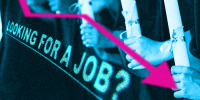 Photo illustration of a row of graduates holding diplomas with an arrow pointing down. Text that reads "Looking for a job?"