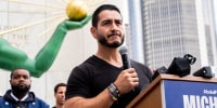 Abdul El-Sayed, US Democratic Senate candidate from Michigan, during a news conference following the March for the Many in Detroit, Michigan, on August 2, 2026.