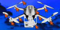 A flying drone being clicked on by red computer cursors.