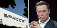 A split composite image showing the SpaceX logo on a building facade, left, and Elon Musk with his hands together