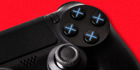 A close up of a black PlayStation controller, showing the four operational buttons with all blue X's instead of the regular four different shapes, against a red background