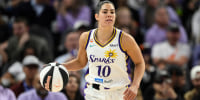 SAN FRANCISCO, CALIFORNIA - JUNE 15: Kelsey Plum #10 of the Los Angeles Sparks dribbles against the Golden State Valkyries in the fourth quarter during a Commissioner's Cup game at Chase Center on June 15, 2026 in San Francisco, California. NOTE TO USER: User expressly acknowledges and agrees that, by downloading and or using this Photograph, user is consenting to the terms and conditions of the Getty Images License Agreement. (Photo by Eakin Howard/Getty Images)