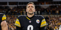 PITTSBURGH, PENNSYLVANIA - JANUARY 12: Aaron Rodgers #8 of the Pittsburgh Steelers stands for the national anthem prior to the AFC Wild Card playoff game against the Houston Texans at Acrisure Stadium on January 12, 2026 in Pittsburgh, Pennsylvania. (Photo by Lauren Leigh Bacho/Getty Images)