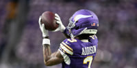 MINNEAPOLIS, MINNESOTA - JANUARY 4: Jordan Addison #3 of the Minnesota Vikings warms up before the game against the Green Bay Packers at U.S. Bank Stadium on January 4, 2026 in Minneapolis, Minnesota. (Photo by Stephen Maturen/Getty Images)