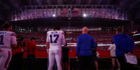 HOUSTON, TEXAS - NOVEMBER 20: Josh Allen #17 and head coach Sean McDermott of the Buffalo Bills stand on the sideline during the national anthem prior to the game against the Houston Texans at NRG Stadium on November 20, 2025 in Houston, Texas. (Photo by Kevin Sabitus/Getty Images)