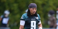 PHILADELPHIA, PENNSYLVANIA - JULY 30: Makai Lemon #9 of the Philadelphia Eagles looks on during training camp at Jefferson Health Training Complex on July 30, 2026 in Philadelphia, Pennsylvania. (Photo by Mitchell Leff/Getty Images)
