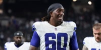 LAS VEGAS, NEVADA - NOVEMBER 17: Tyler Guyton #60 of the Dallas Cowboys smiles after his team's 33-16 victory over the Las Vegas Raiders at Allegiant Stadium on November 17, 2025 in Las Vegas, Nevada. (Photo by Ian Maule/Getty Images)