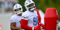 Aug 1, 2026; Nashville, TN, USA; Tennessee Titans defensive tackle Jeffery Simmons (98) goes through drills during training camp at Vanderbilt Health Football Center. Mandatory Credit: Steve Roberts-Imagn Images