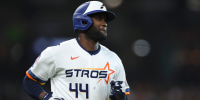 Aug 3, 2026; Houston, Texas, USA; Houston Astros designated hitter Yordan Alvarez (44) runs to first base on a single during the first inning against the Toronto Blue Jays at Daikin Park. Mandatory Credit: Troy Taormina-Imagn Images