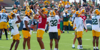 Players including Marshawn Lloyd #32 and Jordan Love #10 of the Green Bay Packers participate in a drill during training camp at Ray Nitschke Field in Ashwaubenon, Wisconsin, on August 2, 2026. (Photo by Ross Harried/NurPhoto via Getty Images)