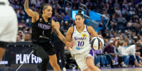 Jun 15, 2026; San Francisco, California, USA; Angeles Sparks guard Kelsey Plum (10) drives during the second quarter against the Golden State Valkyries in a Commissioner’s Cup game at Chase Center. Mandatory Credit: Robert Kupbens-Imagn Images