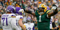 Green Bay Packers defensive end Micah Parsons (1) celebrates after sacking Minnesota Vikings quarterback J.J. McCarthy (9) on Sunday, November 23, 2025, at Lambeau Field in Green Bay, Wis. The Packers won the game, 23-6.
Tork Mason/USA TODAY NETWORK-Wisconsin