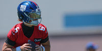 Jun 3, 2026; East Rutherford, NJ, USA; New York Giants quarterback Jaxson Dart (6) participates in drills during organized team activities at Quest Diagnostics Training Center. Mandatory Credit: Vincent Carchietta-Imagn Images