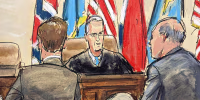 courtroom sketch: Dominion Voting Systems attorney Justin Nelson, standing left, and Fox News attorney Daniel Webb, standing at right, speak to Judge Eric Davis before finishing jury selection in Delaware Superior Court on April 18, 2023, in Wilmington, Del.