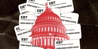 Photo Illustration: The US capitol overlaid on illustrations of EBT cards