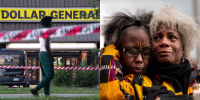 Side by side of the scene in Jacksonville and two women at a memorial for the victims on the Buffalos shooting.
