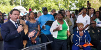 Florida Gov. Ron DeSantis speaks at a prayer vigil for the victims of a mass shooting a day earlier, in Jacksonville, Fla., on Aug. 27, 2023.