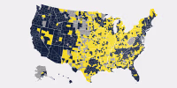 A county map of the U.S., colored according to how much of a difference there is between the county’s median household income and the county’s median-priced home. In the West, Florida and much of Tennessee there’s a great difference in affordability, most of those counties are unaffordable. The Midwest is the most consistently affordable, along with Pennsylvania.