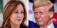 A split composite of Harris and Trump.