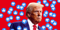 Photo illustration of Donald Trump surrounded by a number of thumbs down and thumbs up stickers