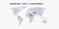 A world map showing countries with travel restrictions. Countries with full travel restrictions are shaded in blue, while those with partial restrictions are in orange. Blue-shaded countries include Afghanistan, Myanmar, Chad, Republic of Congo, Equatorial Guinea, Eritrea, Haiti, Iran, Libya, Somalia, Sudan and Yemen. Orange-shaded countries include Burundi, Cuba, Laos, Sierra Leone, Togo, Turkmenistan and Venezuela. The rest of the world is shaded in gray, indicating no significant travel restrictions.