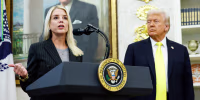 From left, Pam Bondi (speaking at a podium), and Donald Trump