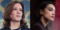 A diptych image of Kamala Harris and Alexandria Ocasio-Cortez.