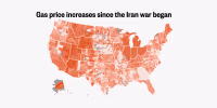 This map shows the change in average gas prices since the start of the Iran war in most every county-level jurisdiction in the U.S. 