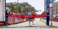 Conner Mantz crosses the finish line to place first during the 2024 U.S. Olympic Team Trials