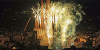 Fireworks engulf Antoni Gaudí's Basilica of the Sagrada Família after Pope Leo XIV blessed the newly completed central Tower of Jesus Christ in Barcelona, Spain, Wednesday, June 10, 2026. 