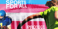 Photo illustration of young people playing football and running against a transgender pride flag and Supreme Court; words reading "Sports for all" and "Protect womens sports."