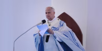 Pope Leo XIV speaks as he celebrates mass during a one-day visit to Lampedusa island, south of Sicily, on July 4.